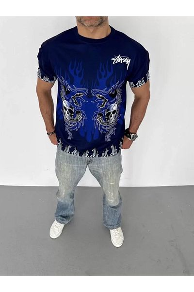 Modayakamoz Μπλουζάκι Unisex Crew Neck Printed Oversize - Navy Blue