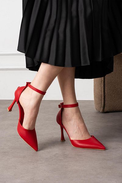 ShoeTek Women's Heeled Ankle Wrap Stiletto Red Leather Shoes