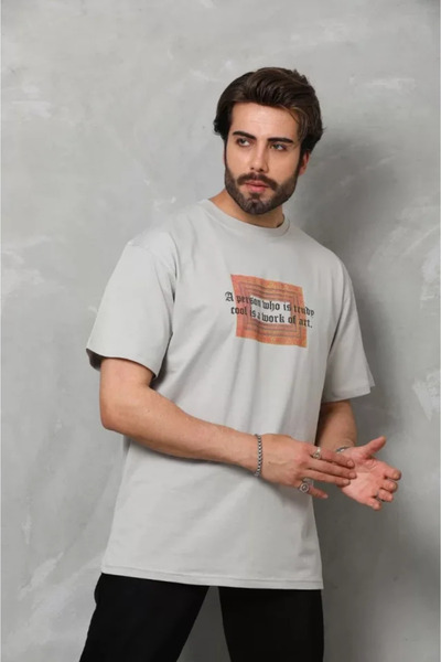 viyamen Tricou oversize cu imprimeu unisex cu decolteu - gri