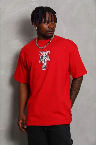 Bay Şapkacı Silky Unisex Oversize Printed Crew Neck T-Shirt - Red