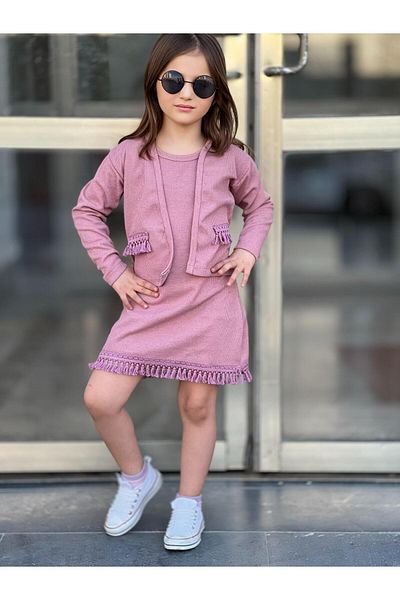 renkli diyar Girl's Dress and Cardigan Double Bayramlik