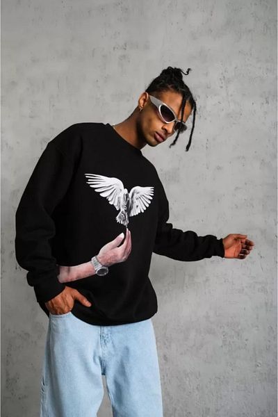 Modayakamoz Ανδρικό μαύρο φούτερ με στάμπα Pigeon