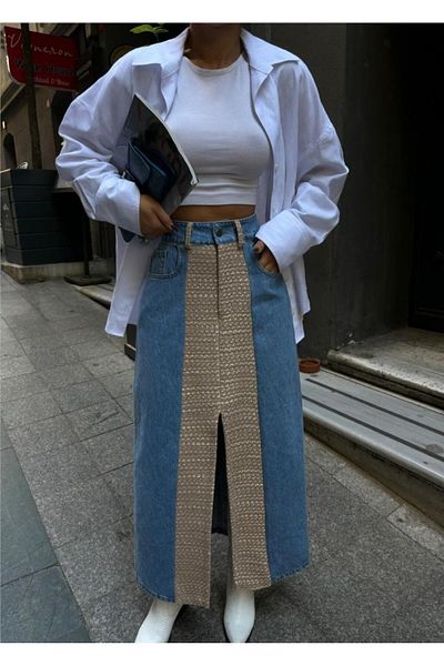 modaserdem Denim skirt piece long front slit - beige