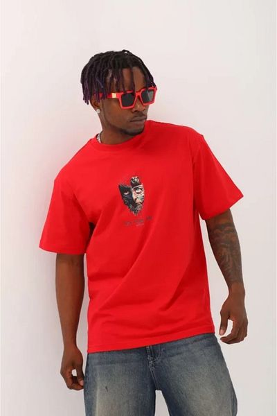 COTTONLAB Μπλουζάκι Unisex Oversize με στάμπα με λαιμόκοψη - Κόκκινο