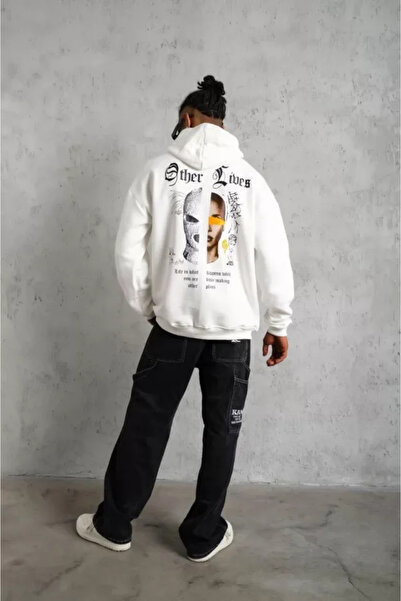 Bijuterria Eyesof Men's Back Printed Oversize Three Thread Hooded Sweatshirt - White