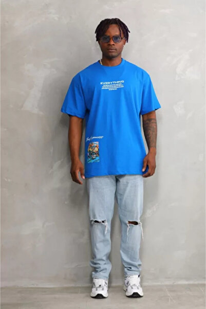 JANES Унісекс футболка з надрукованим коміром-велосипедом, оверсайз - синя