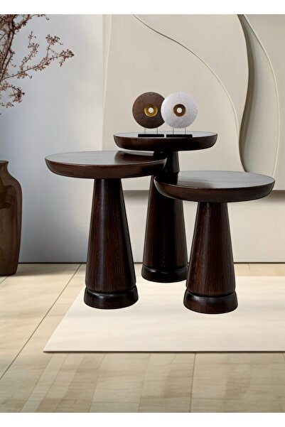 ASELYA HOME Ahşap 3’lü Set El Yapımı Doğal Mantar Yan Sehpa Modern Koyu Ceviz...