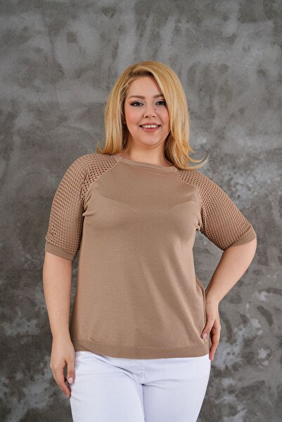 HaiModa Kadın Kazak Büyük Beden Kısa Kol Yuvarlak Yaka Kol Ajurlu