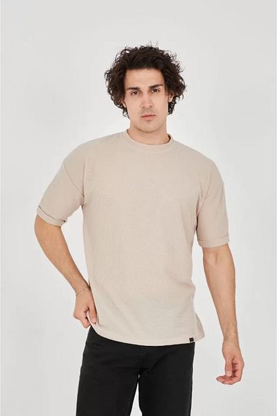 Modayakamoz Unisex Waffle Fabric Άνετο μπλουζάκι με μανίκια - Μπεζ