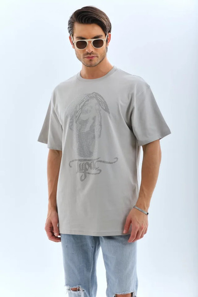 Modayakamoz Gray Unisex Oversize Stone Detailed Crew Neck T-Shirt