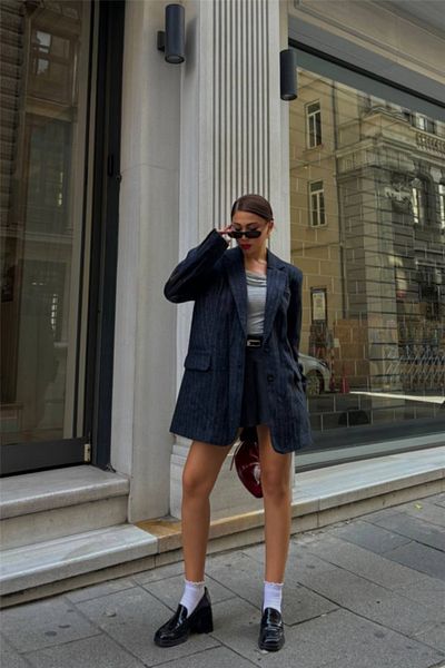 Moka Shopin Mokashopin Buckle Jacket with Elbow Leather Pieces - Navy Blue