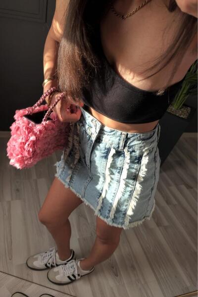 style of style Püskül Detay Denim Şort Etek