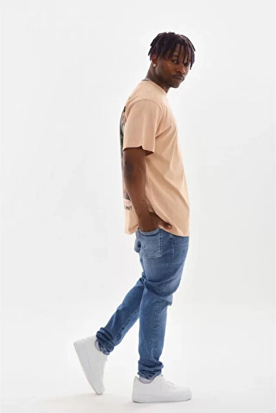 HanZone تي شيرت سكاي فاشن للجنسين مطبوع قصة فضفاضة - بيج