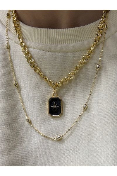 COSİBELLA Women's 2-Piece Thick Barley Chain Black North Star Combination Necklace