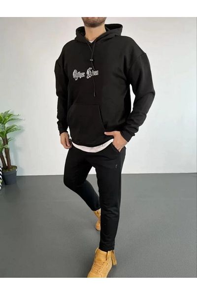JANES Мъжки суитшърт с качулка и три нишки, голям размер, с щампа на гърба - черен