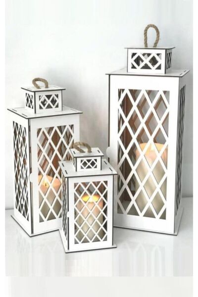Genel Markalar Dekoratif 3 Boy Mdf Ahşap Fener Seti ( Şamdan, Mumluk )