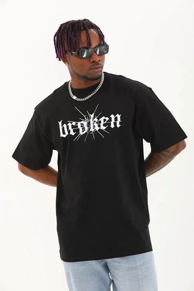 Modayakamoz Unisex Oversize εμπριμέ μπλουζάκι με λαιμόκοψη - Μαύρο