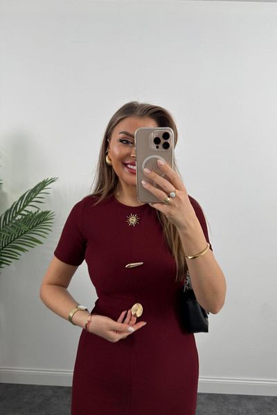 ZenWave Mottisfashion Women's Ottoman Fabric Lycra Button Design Short Sleeve Pencil Dress