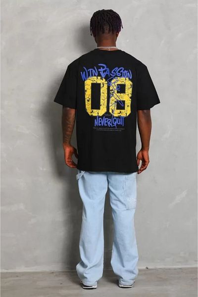 COTTONLAB Unisex Oversize εμπριμέ μπλουζάκι με λαιμόκοψη - Μαύρο