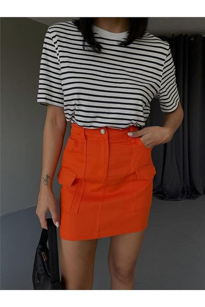 COTTONLAB Gabardine Short Skirt with Pocket Detail - Orange