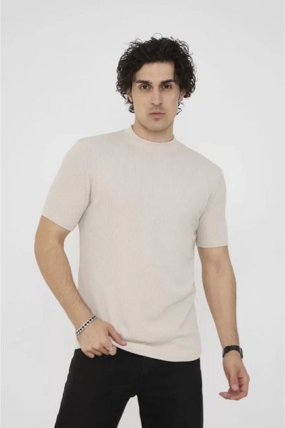 JANES Μπεζ Χρώμα Unisex Slim Fit Crew Neck T-Shirt
