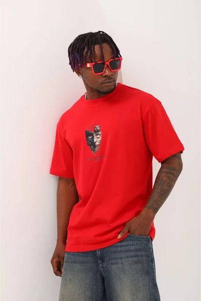 COTTONLAB Μπλουζάκι Unisex Oversize με στάμπα με λαιμόκοψη - Κόκκινο