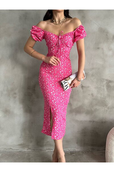 Genel Markalar Çiçek Desenli Yırtmaçlı Elbise