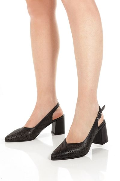 Modabuymus Kenti Black Genuine Leather Stiletto Thick Heeled Summer Perforated Shoes