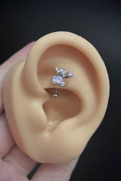 Blisse Piercing Women's Bear Figured Blue Zircon Stone Rook and Eyebrow Steel Piercing