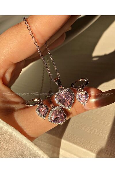 Le Manolia Accessories çelik kolye yüzük seti pembe zirkon taş çelik kolye seti