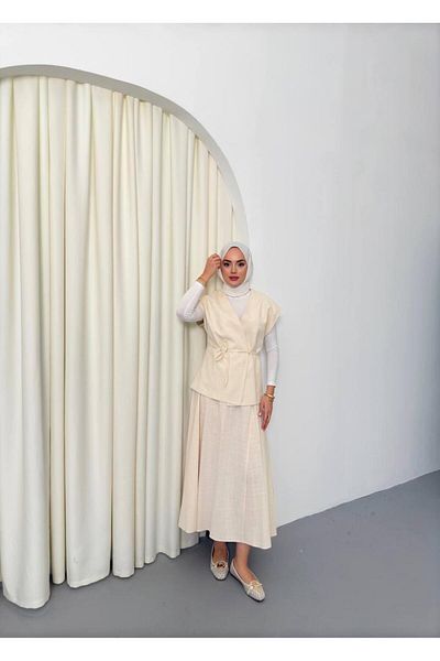 Molly Nelly Women's Linen Ecru Vest Skirt Oversize Set