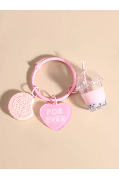 Fivy Charm pentru geantă cu detaliu de inimă, prăjitură și bubble tea, în culoarea roz moale, breloc