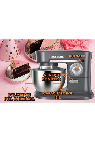 Hausberg Mixer Cu Bol Hb-7620gr, Putere 1000w, 5 Litri, 6 Viteze, Gri