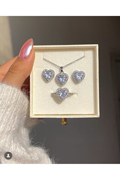 Le Manolia Accessories çelik kolye yüzük seti pembe zirkon taş çelik kolye seti