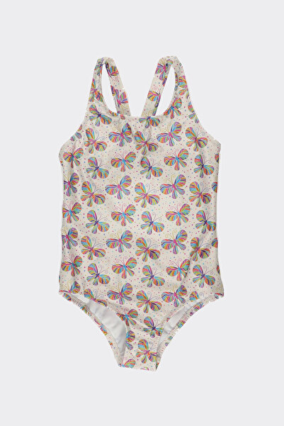 Panço Kız Çocuk Kelebek Baskılı Pembe Mayo