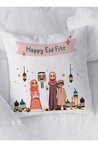 LOWHA Polyester Pillowcase Cushion Cover with Happy Eid Fitr and Family Design