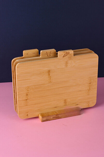 Woodcept. Bambu 3'lü Stantlı Kesme ve Sunum Tahtası, Sebze, Balık ve Et Logol...