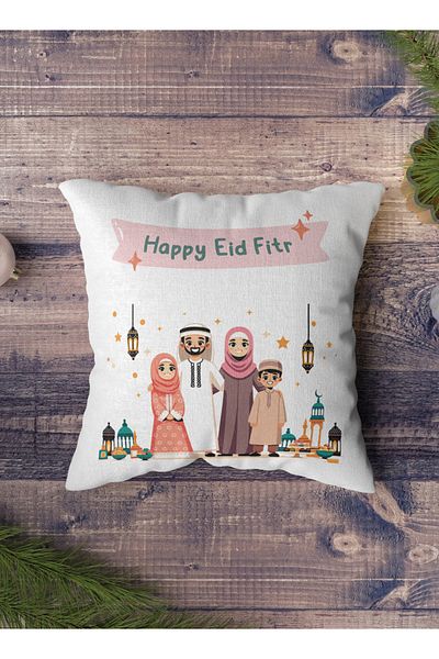 LOWHA Polyester Pillowcase Cushion Cover with Happy Eid Fitr and Family Design