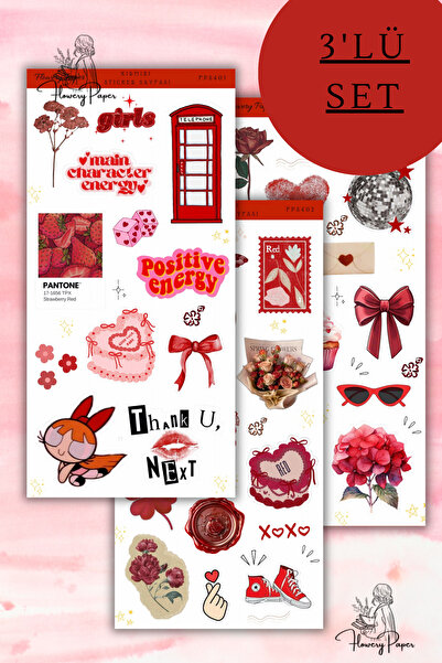 Flowery Paper 3'lü Kırmızı Aesthetic Sticker Sayfası - 39 adet,Defter,ajanda ...