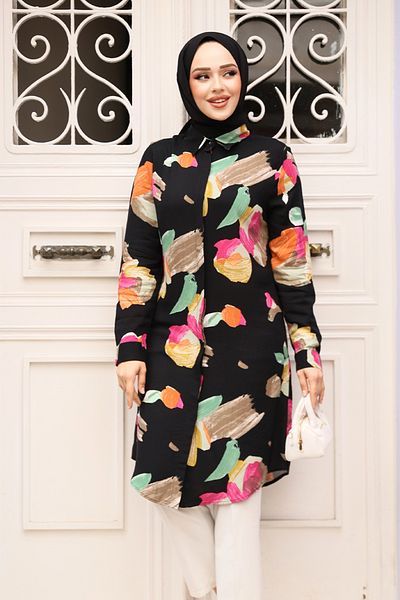 Neva Style Tunica din viscoza hijab neagra cu model 11729S