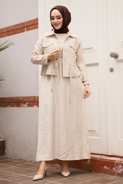 Neva Style Beige Jacket Hijab Dress Double Set 44651Bej
