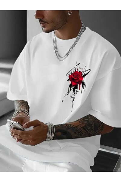 AZIZI TEKSTIL Casual T-Shirt for Men, Vibrant Red Rose Print