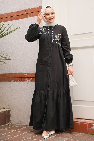 Neva Style Buttoned Black Hijab Denim Dress 19147S