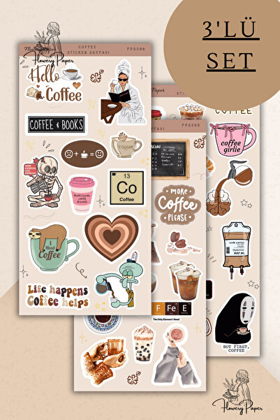 Flowery Paper 3'lü Kahve Temalı Aesthetic Sticker Sayfası - 39 adet,Defter,aj...