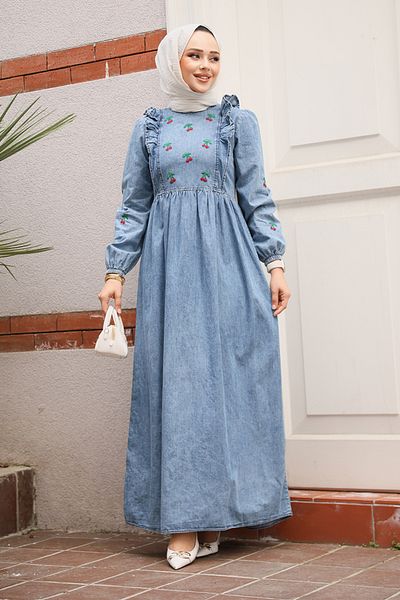 Neva Style Cherry Patterned Dark Blue Hijab Denim Dress 19146Km