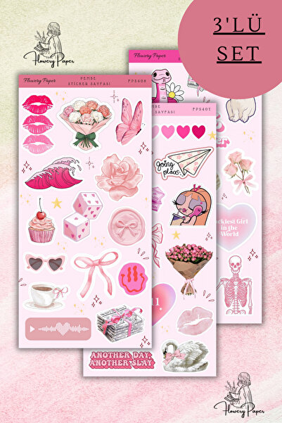 Flowery Paper 3'lü Pembe Aesthetic  Sticker Sayfası - 41 adet, Defter,ajanda ...