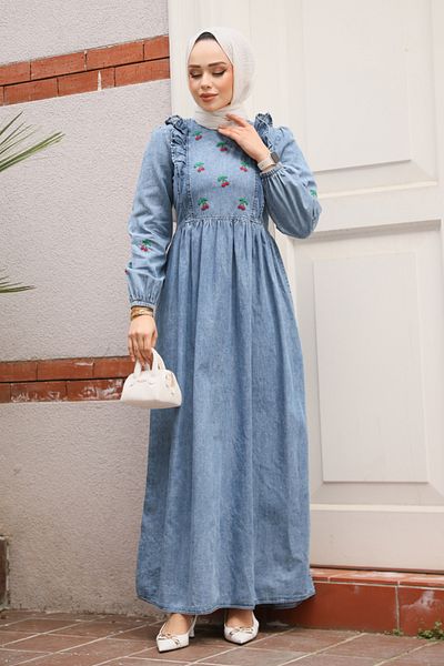 Neva Style Rochie din denim hijab albastru închis cu model cireșe 19146KM