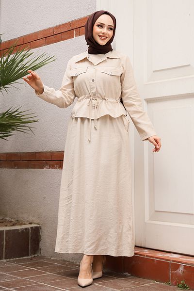 Neva Style Beige Jacket Hijab Dress Double Set 44651Bej