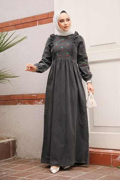 Neva Style Cherry Patterned Anthracite Hijab Denim Dress 19146Ant
