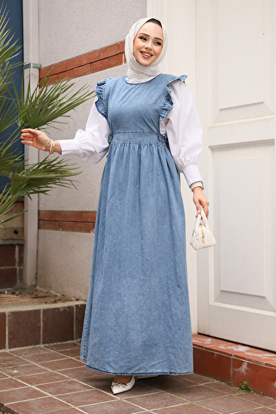 Neva Style Rochie gilet din denim hijab albastru închis 7054KM